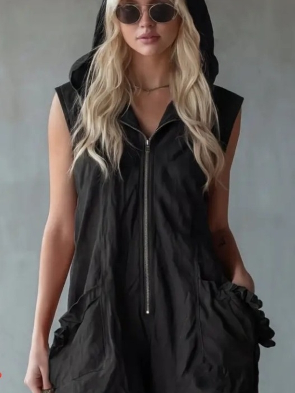 Sleeveless Hooded Zip Front Black Romper